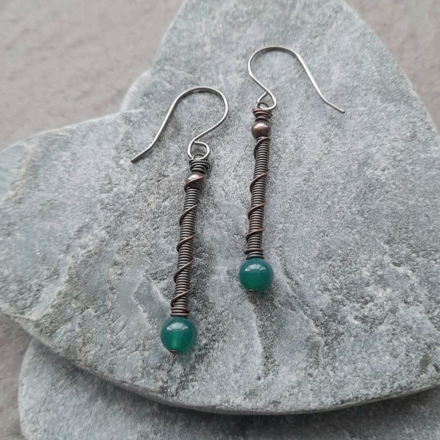 Copper Wire Wrapped Drop Earrings With Green Agate