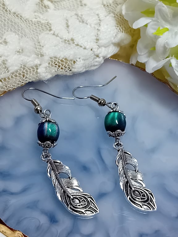  Peacock Feather Earrings Blue Green