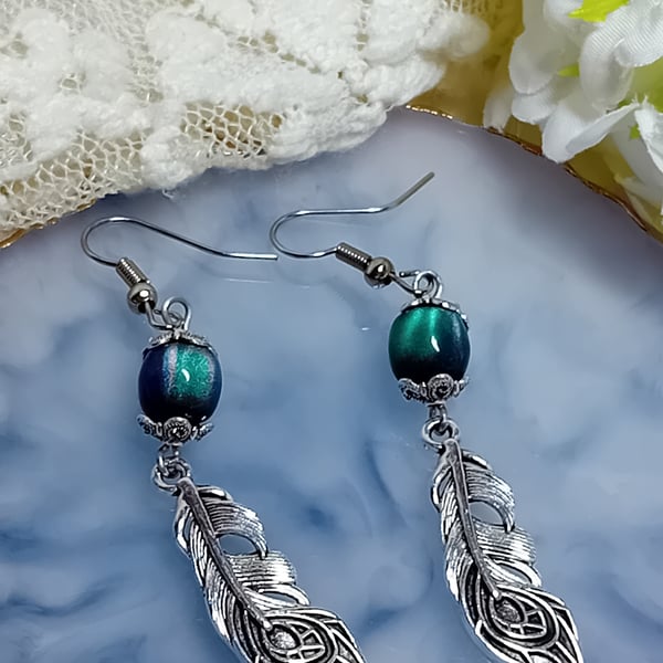  Peacock Feather Earrings Blue Green
