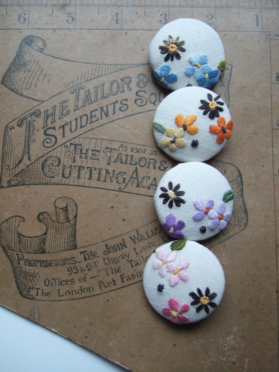 Four extra large covered buttons with vintage embroidery. Mothers Day gift. 