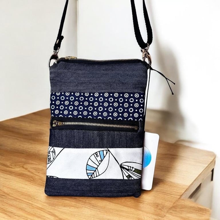Upcycled Denim Crossbody Bag with leaf detail