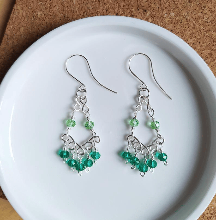 Green and Silver Chandelier Drop Earrings 
