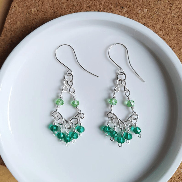 Green and Silver Chandelier Drop Earrings 