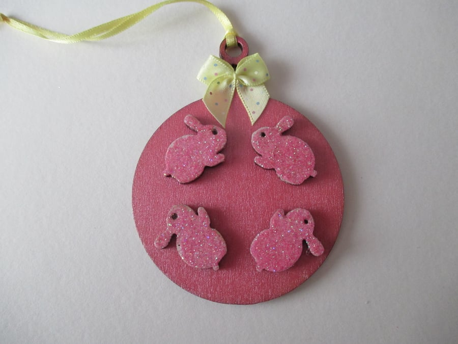 Bunny Rabbit Bauble Hanging Decoration Pink Wood Wooden Glittery Bow