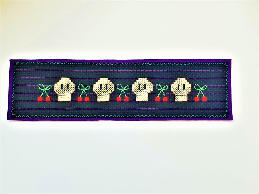 Skull and Cherries cross stitch bookmark