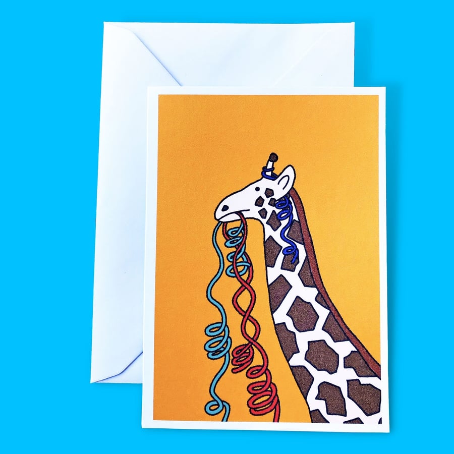 Party Giraffe with Streamers Illustration A6 Card
