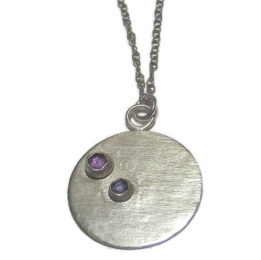 Sterling Silver Handmade Disc Pendant with Rose Cut Amethyst & Iolite Gemstones
