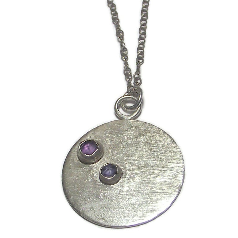 Sterling Silver Handmade Disc Pendant with Rose Cut Amethyst & Iolite Gemstones