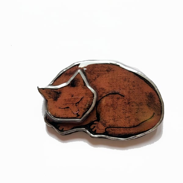 Beautiful Brown curled up Cat Moggy Brooch by EllyMental