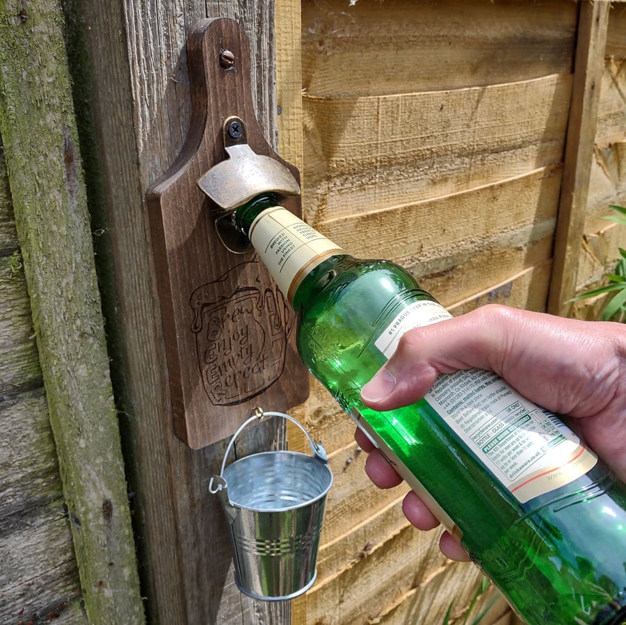 Wall mounted bottle opener with bucket cap catcher (BEER repeat)
