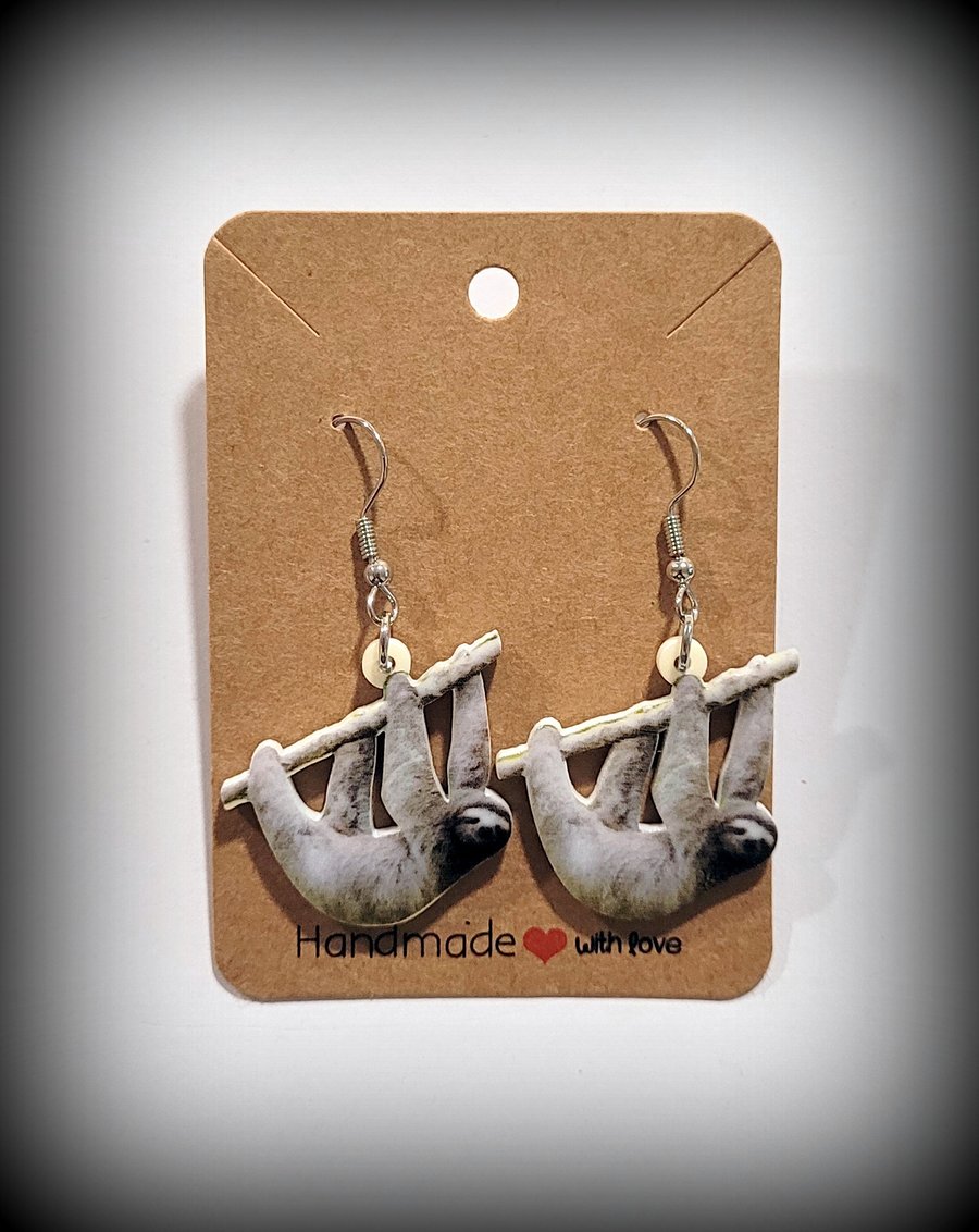 Light Weight Sloth Charm Dangle Earrings on Silver Plated Earring Hooks