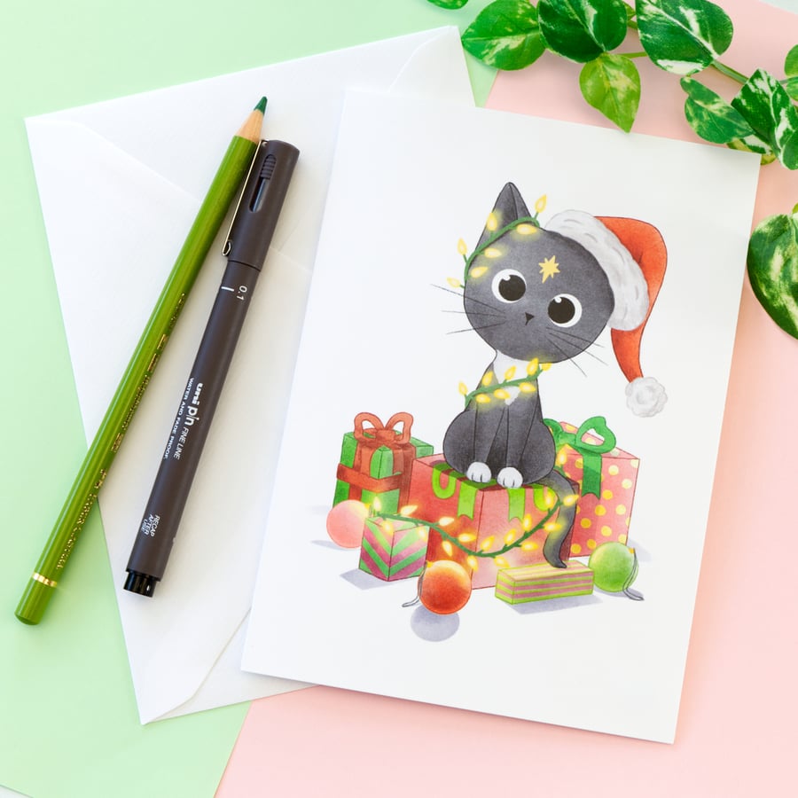 Christmas Cat Greetings Card Illustrated Grey Cat Card Xmas Cat Lover Gift