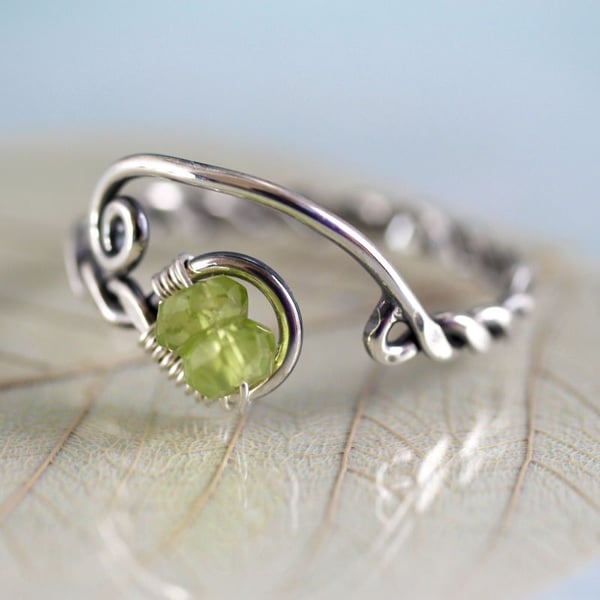 Silver Twist Ring with Peridot Beads Viking Style Rustic Jewellery Handmade