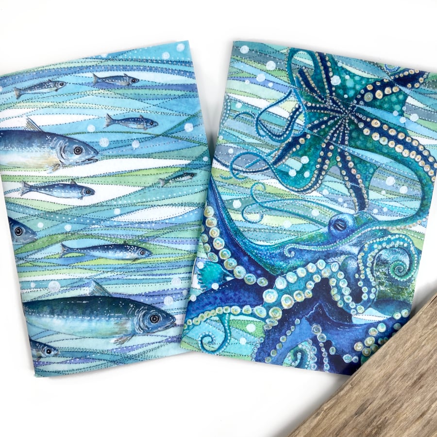 Nautical Notebooks (Set of 2) A6 Fish & Octopus Lined Seaside Notepad Stationery