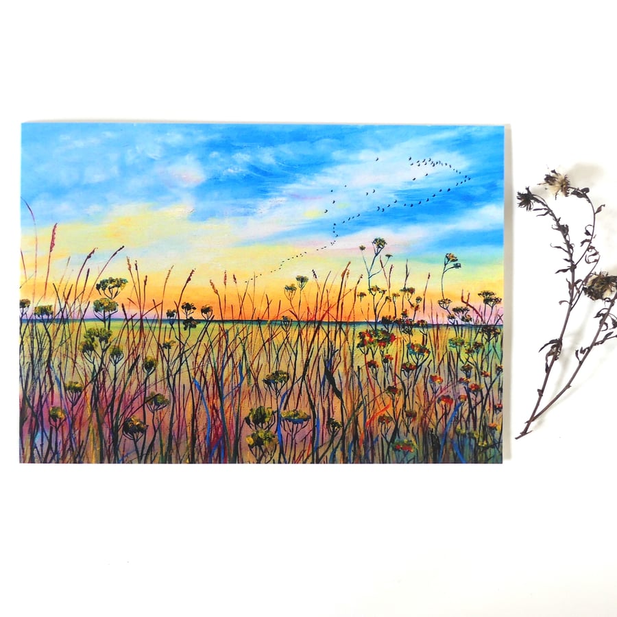 Sunset Fen Landscape  Greeting Card from Original Oil Painting