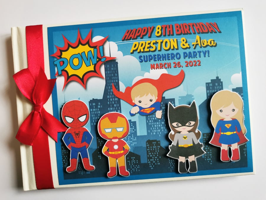 Kids superheroes birthday guest book, boys and girls superhero birthday gift