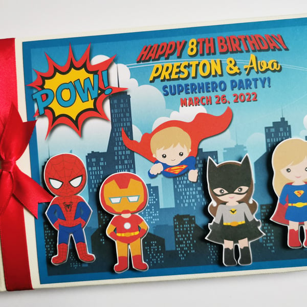 Kids superheroes birthday guest book, boys and girls superhero birthday gift