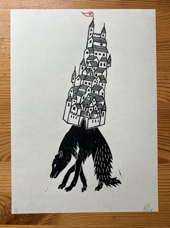 The Weight and the Balance, fairy tale linocut print of a fox and a castle