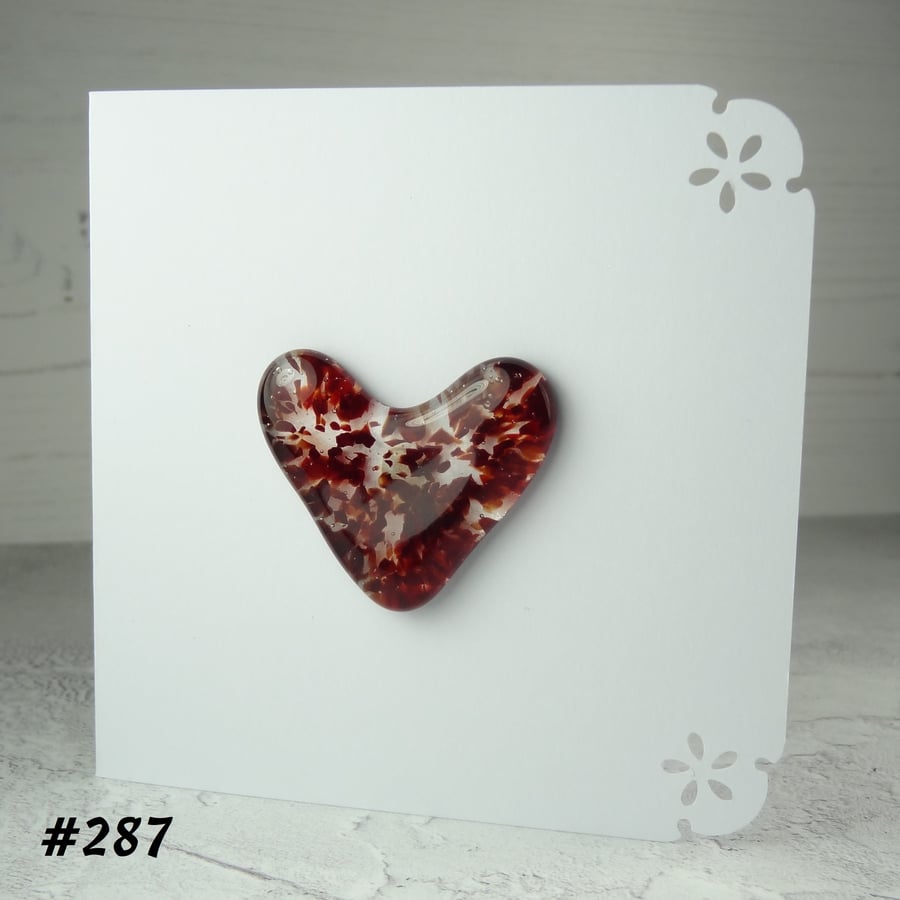 Red speckled heart handcrafted fused glass blank card (287)