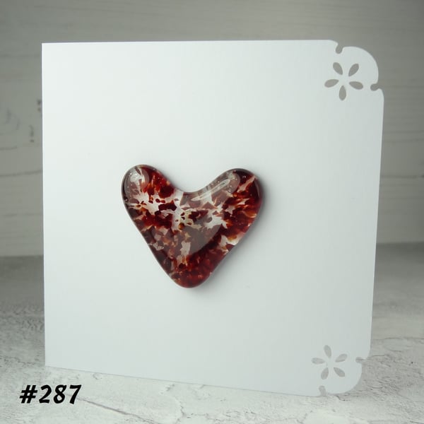 Red speckled heart handcrafted fused glass blank card (287)