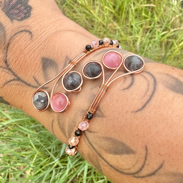 Wrap around beaded rose gold wire bracelet