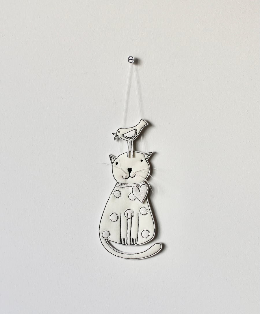 'Happy Cat with Birdie' - Hanging Decoration