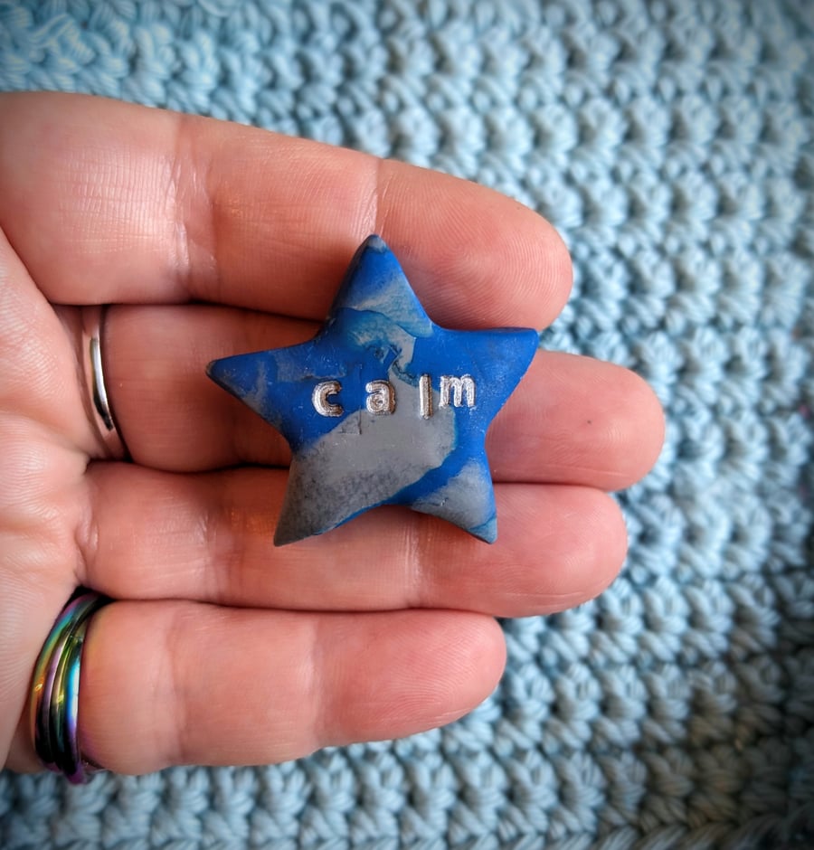 Affirmation Star - calm, blue and grey - pocket token stone or badge