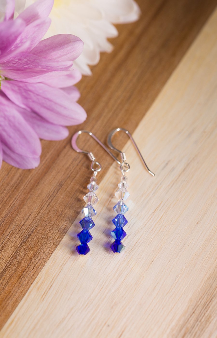 Earrings Sterling Silver and  blue Swarovski drop dangle handmade