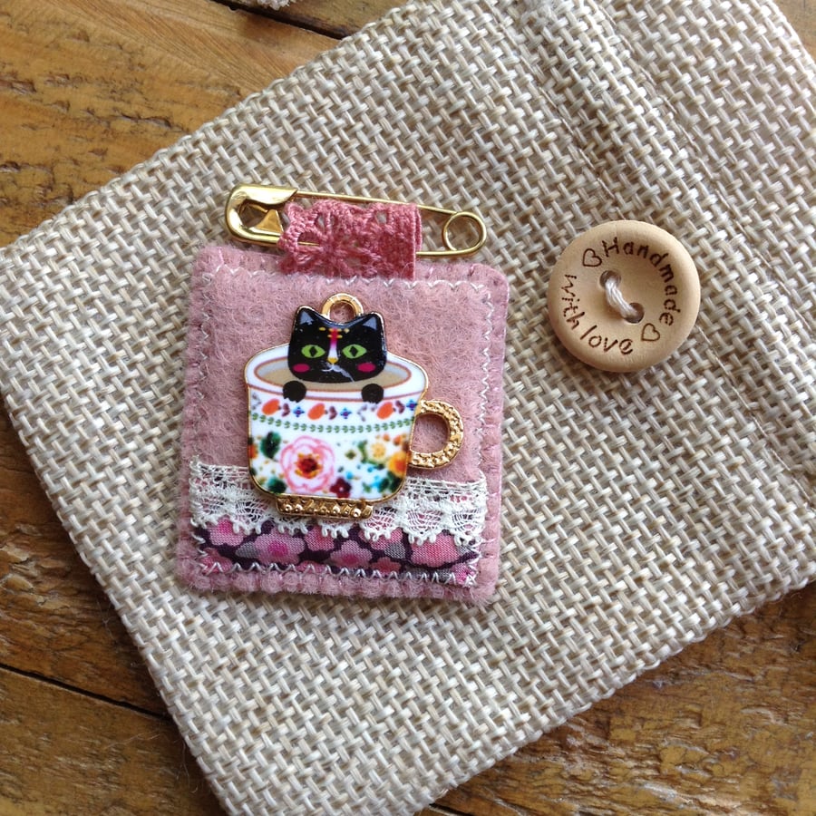 Felt lace Liberty fabric cat charm brooch badge