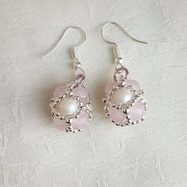 Gorgeous Beaded Bead Earrings - Rose Quartz and Swarovski Pearl beads