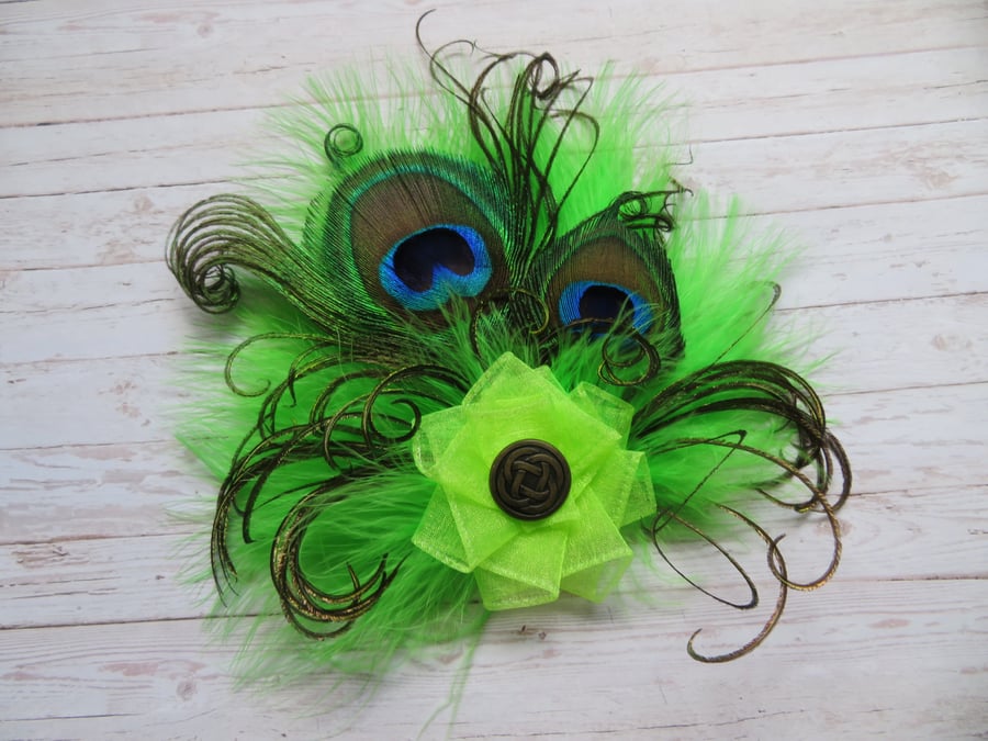 Lime Green Peacock Feather Brass Celtic Button Hair Clip Fascinator Rustic Hat