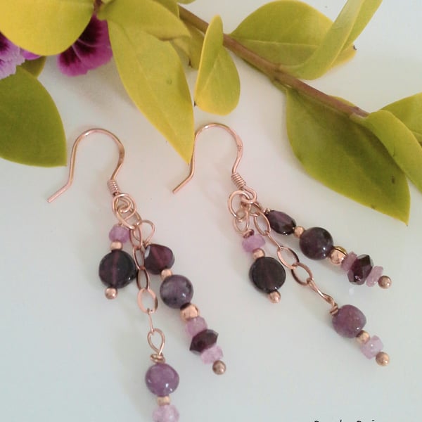 Ruby, Pink Sapphire,  Rhodolite Garnet Rose Gold Vermeil Earrings