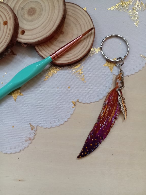 Wooden Feather shaped keyring 