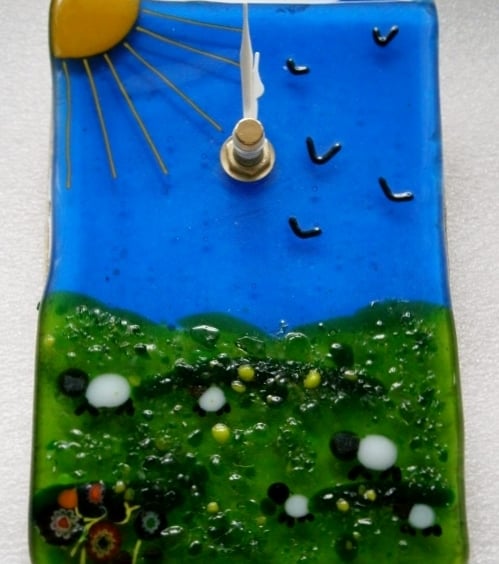 Sheepy fused glass wall clock