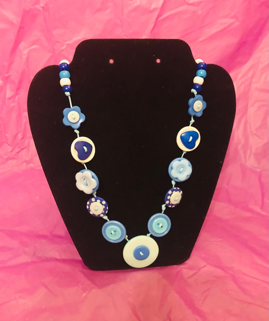 Handmade button necklace blue and white