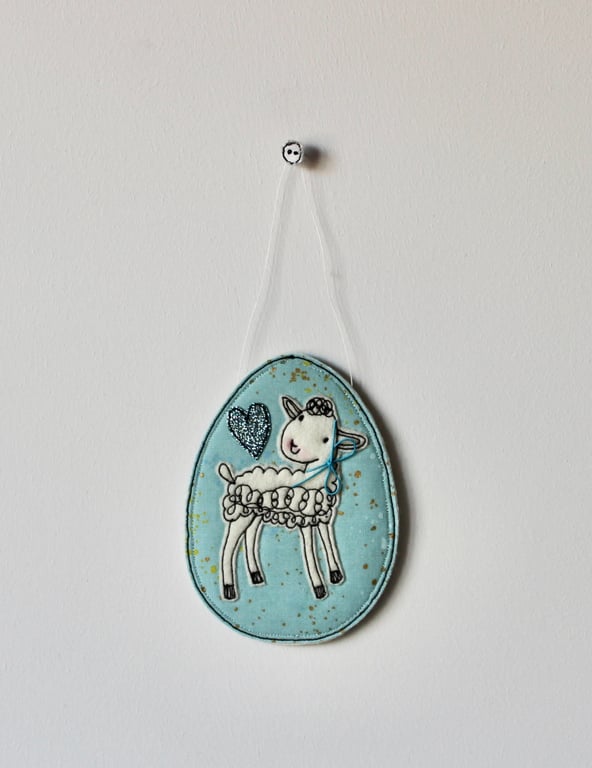'Lamb on a Blue Egg with a Blue Glitter Heart 4' - Hanging Decoration