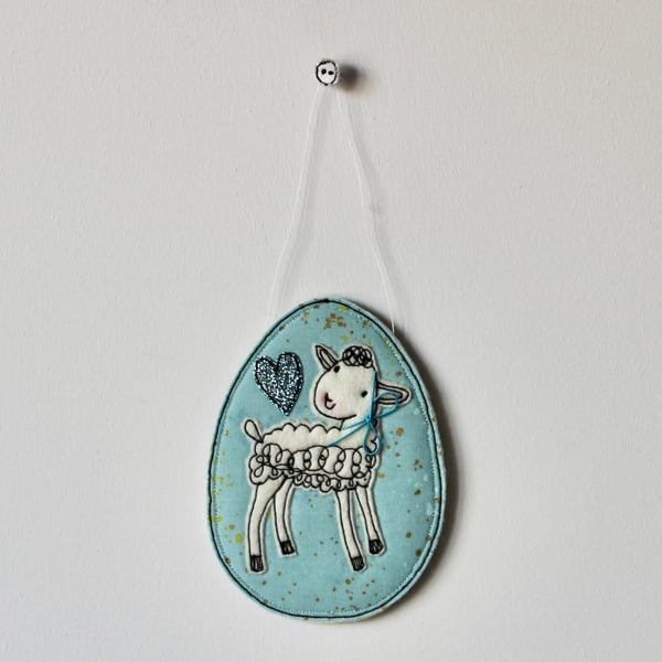'Lamb on a Blue Egg with a Blue Glitter Heart 4' - Hanging Decoration
