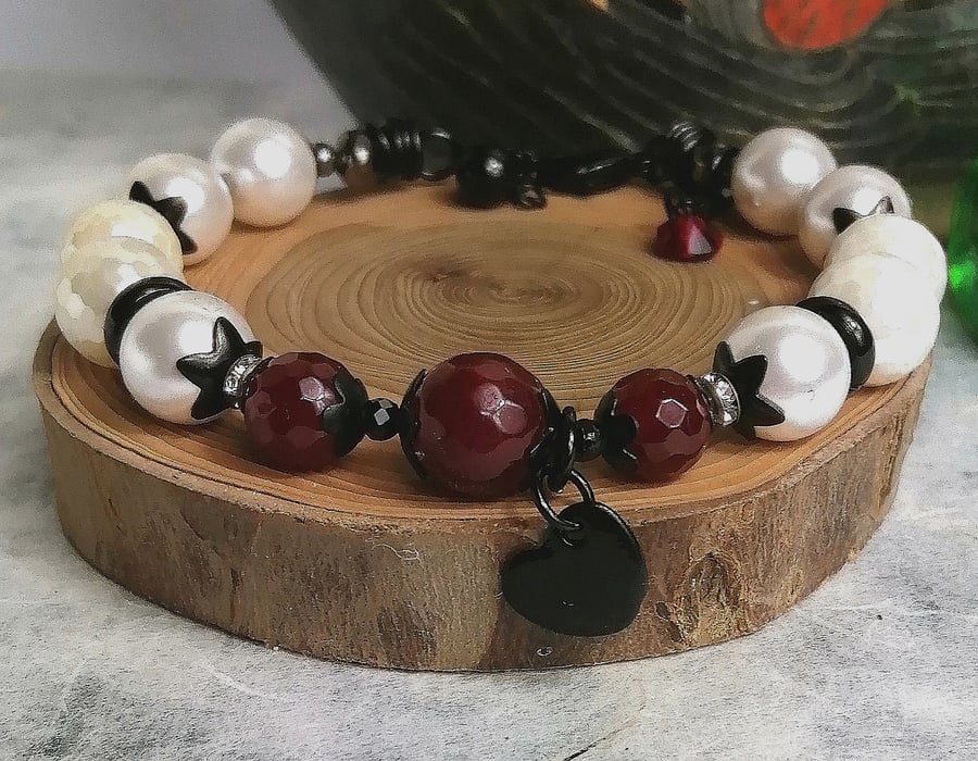 Red white and black pearl and quartz, valentine  heart  bracelet 