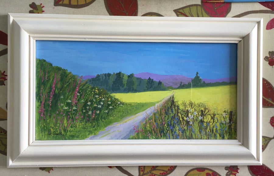 Original Gouache Painting., Rape Fields, Moorland, Framed,