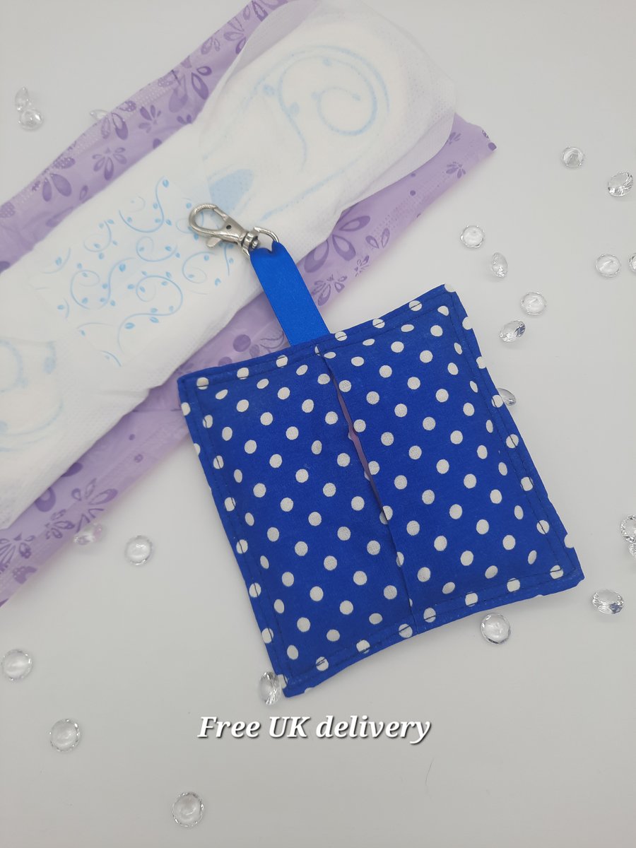 Bag charm sanitary pad holder, royal blue polkadot.  