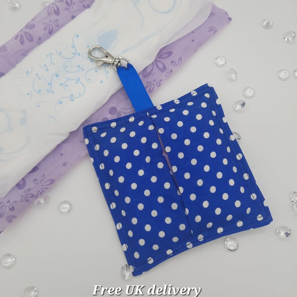 Bag charm sanitary pad holder, royal blue polkadot.  