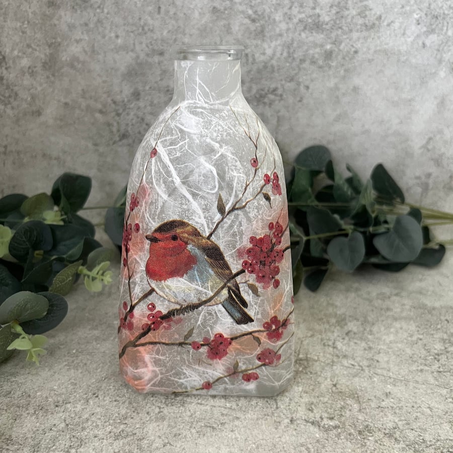 Decoupage Chunky Glass Bottle Vase: Robin with Blossom, Floral Home Decor