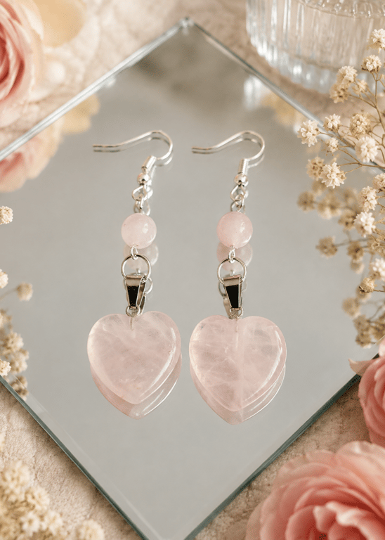 Genuine Hand-made Rose-Quartz Heart Earrings 
