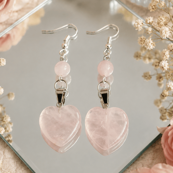 Genuine Hand-made Rose-Quartz Heart Earrings 