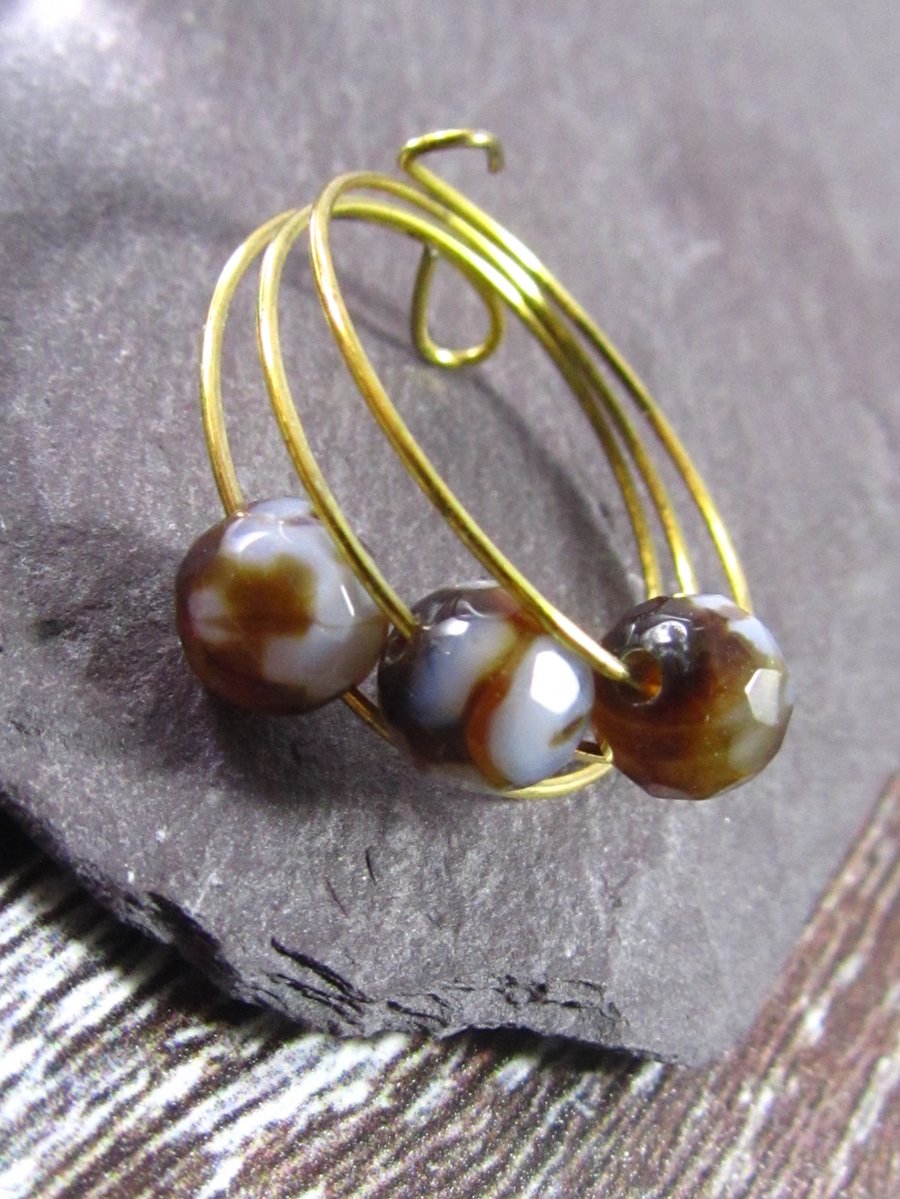 Brown Agate Gold Ring, Brown Ring, Memory Wire Ring