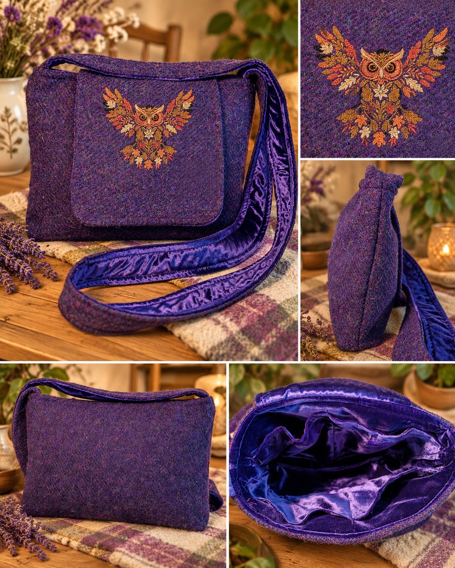 Image of Harris Tweed Crossbody Bag woth Flying owl