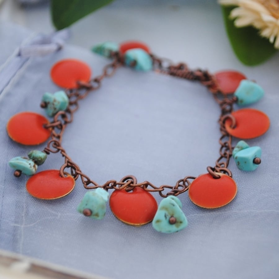 Sale-turquoise & orange coin charm bracelet