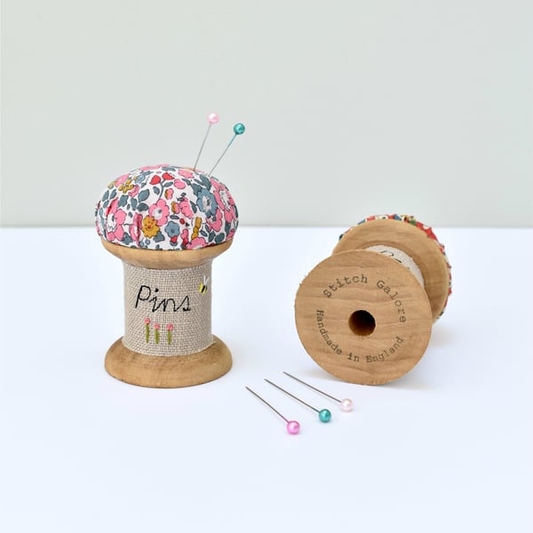 Pincushion wooden spool, Liberty fabric pin cushion, gift for sewer