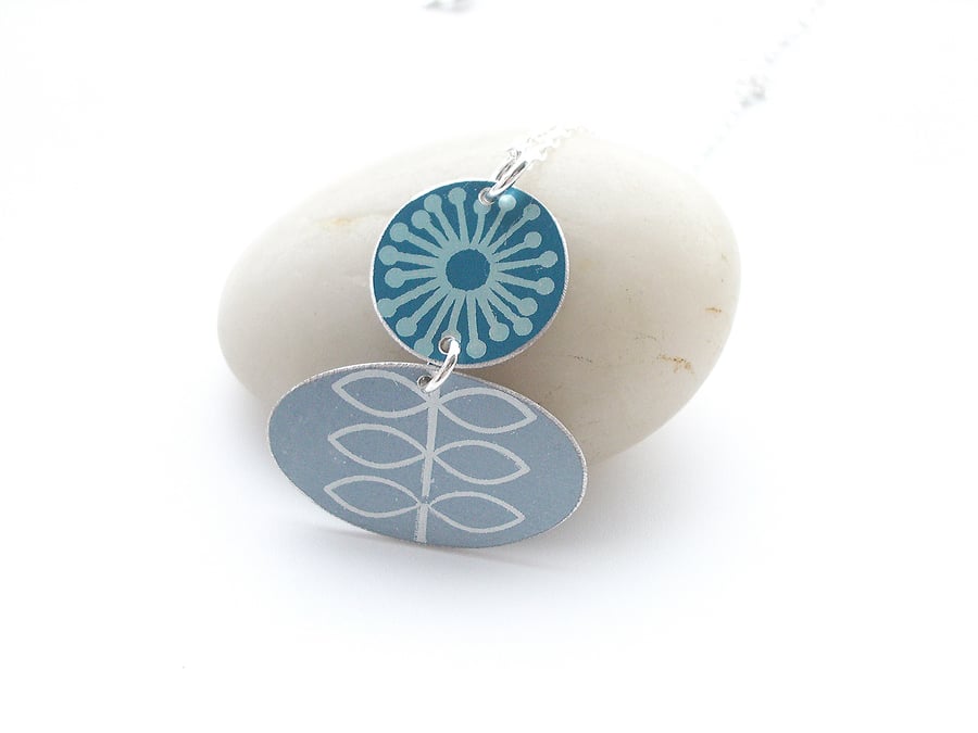 Folk art flower necklace in teal and grey