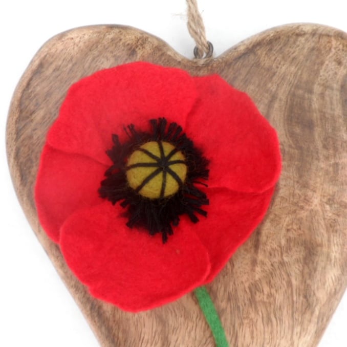 Rustic wooden hanging heart with hand felted poppy - Folksy